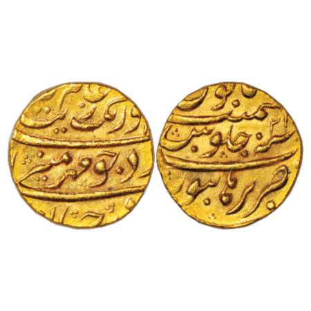 Aurangzeb (1658-1707 AD), Gold Mohur, 10.94g. Burhanpur Mint, RY 21, KM 315.16. Extremely 