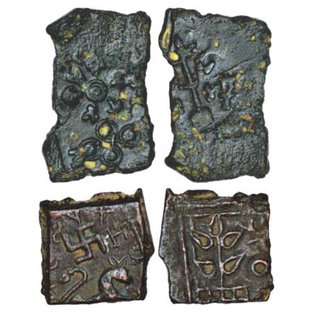 Satavahanas, Two Coins: (a) Symbolic type in arsenical copper from Vidarbha, no legend vis
