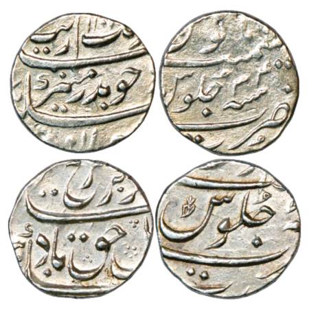 Aurangzeb/Farrukhsiyar, Silver ½ Rupee (2), Surat Mint, AH 1102/RY 34, KM 294.6 and RY 7, 