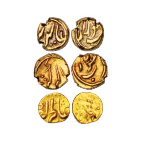 Alamgir II (1754-1759 AD), Gold (3), 2x Fanam, 0.35g. Balapur Mint and Ganjikot Mint and 1