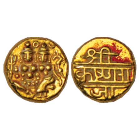 Mysore, Krishnaraja Wodeyar III (1799-1868 AD), Gold Pagoda, 3.43g. Obv: Shiva-Parvati sea