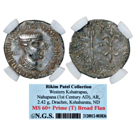 Western Kshatrapas, Kshaharata dynasty, Silver Drachm of Nahapana (c. 33-78 AD), with Gree