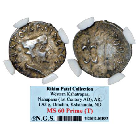 Western Kshatrapas, Kshaharata dynasty, Silver Drachm of Nahapana (c. 33-78 AD), with Gree