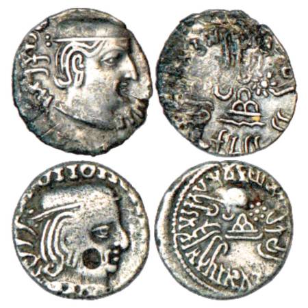 Western Kshatrapas, Karddamaka dynasty, Two Silver Drachms: (a) Rudrasimha I as Mahakshatr