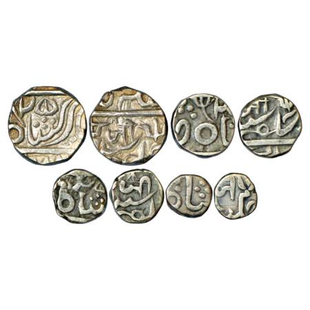 Gwalior, Jayaji Rao (1843-1886 AD), Set of 4 Silver Coins. 1 Rupee, ½ Rupee, ¼ Rupee & 1/8