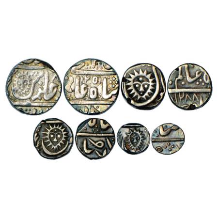 Indore, Set of 4 Silver Coins, Malharnagar Mint, 1 Rupee, AH 1251/RY 8(1), ½ Rupee, AH 128