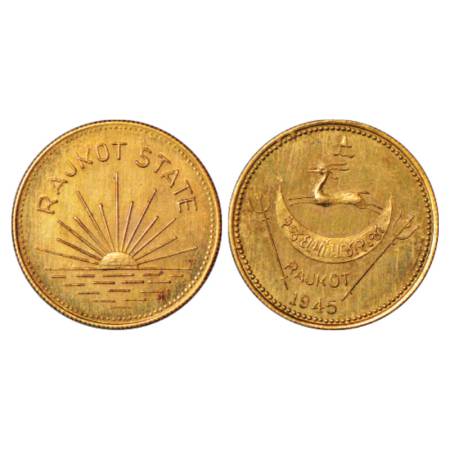 Rajkot, Dharmendra Singhji (1930-1948 AD), Gold Mohur, VS 1945, 5.87. Obv: Rising sun. Rev