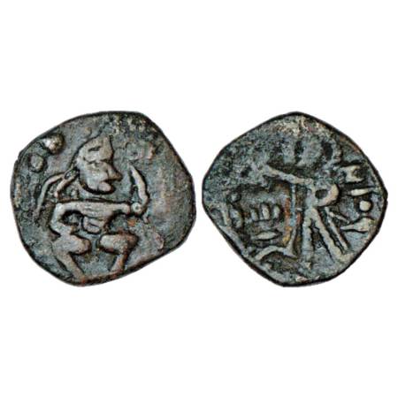 Kushans, Copper Hemidrachm of Huvishka (c. 150-185 AD), MACW 3346, 7.22g. Obv: King seated