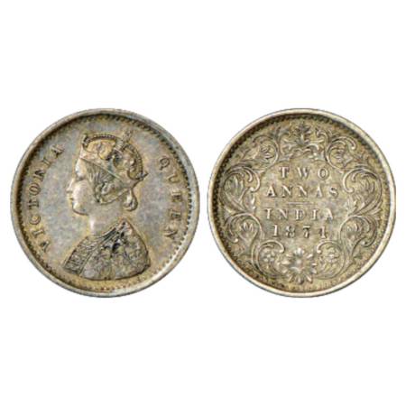 Victoria Queen, Silver 2 Annas, 1874, Bombay Mint, A/I/No mm, PR 516. Very Fine+, Scarce.