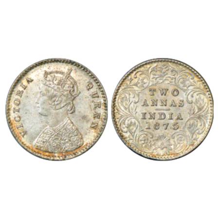 Victoria Queen, Silver 2 Annas, 1875, Calcutta Mint, A/I/No mm, PR 489. Uncirculated, Rare