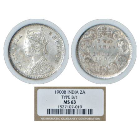 Victoria Empress, Silver 2 Annas, 1900, Bombay Mint, B/I/'B' incused, PR 553. Graded as MS