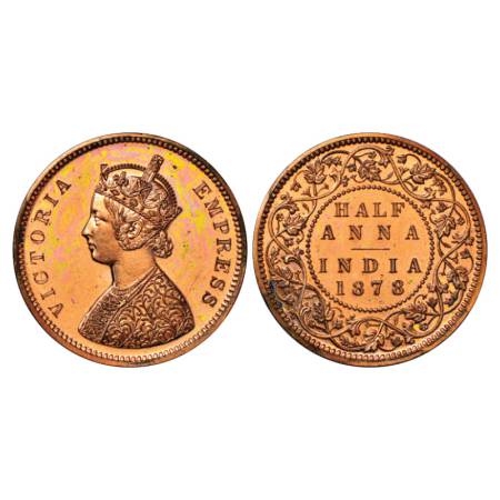 Victoria Empress, Copper Half Anna, Proof, 12.93g, 30.96mm, Plain edge, 1878, Bombay Mint.