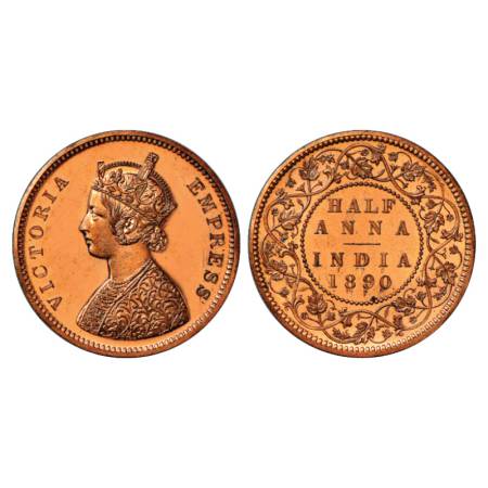 Victoria Empress, Copper Half Anna, Proof, 12.75g, 31.04mm, Plain edge, 1890, Bombay Mint.