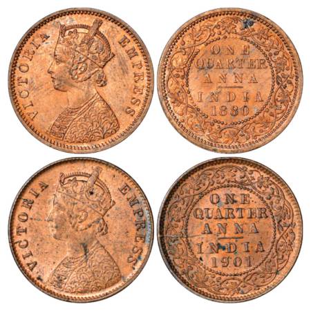 Victoria Empress, Copper ¼ Anna (2), 1880 and 1901, Calcutta Mint, PR 614, GK 832 and PR 6