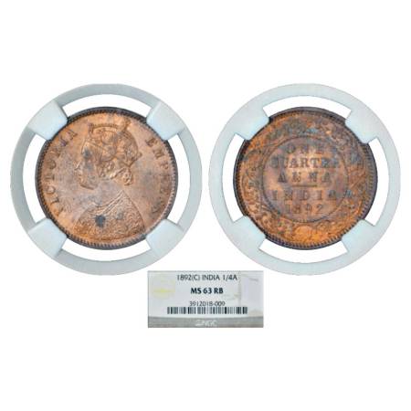 Victoria Empress, Copper ¼ Anna, 1892, Calcutta Mint, PR 625. Graded as MS 63 RB by NGC, R