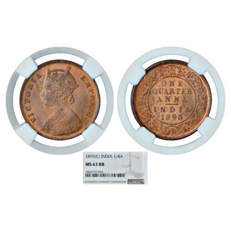 Victoria Empress, Copper ¼ Anna, 1893, Calcutta Mint, PR 626. Graded as MS 63 RB by NGC, R