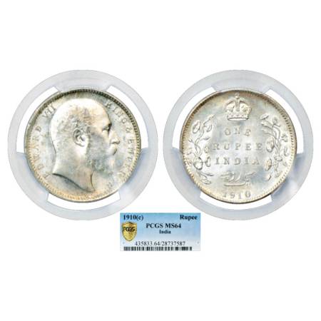 Edward VII, Silver Rupee, 1910, Calcutta Mint, PR 196. Graded as MS 64 by PCGS.