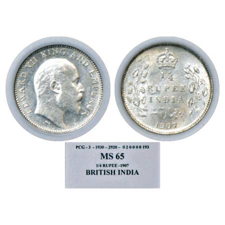Edward VII, Silver ¼ Rupee, 1907, Calcutta Mint, PR 436. Graded as MS 65 by PCGS, Rare.