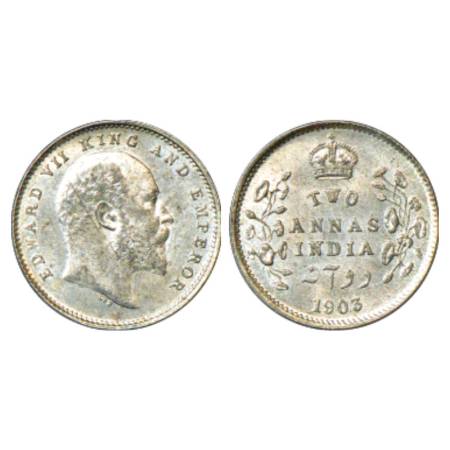 Edward VII, Silver 2 Annas, 1903, Calcutta Mint, PR 556. Uncirculated, Very Scarce.