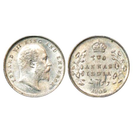 Edward VII, Silver 2 Annas, 1905, Calcutta Mint, PR 558. Uncirculated, Very Scarce.