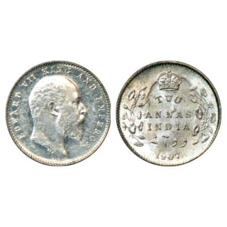 Edward VII, Silver 2 Annas, 1907, Calcutta Mint, ghost image on reverse, PR 560. Uncircula