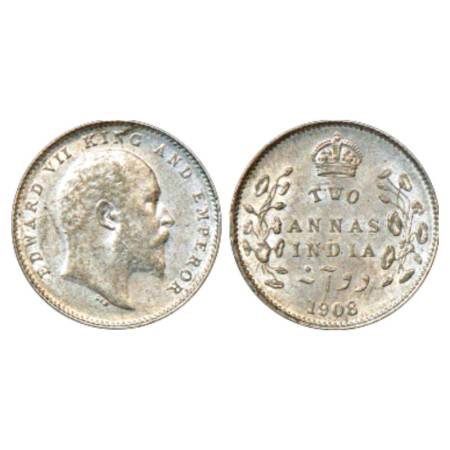 Edward VII, Silver 2 Annas, 1908, Calcutta Mint, PR 561. Uncirculated, Very Scarce.