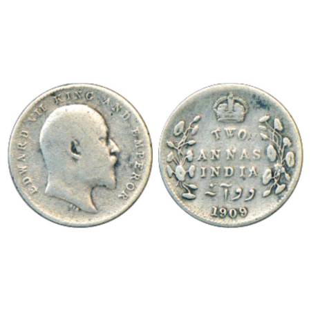 Edward VII, Silver 2 Annas, 1909, Calcutta Mint, PR 562, GK 986. Fine, Rare.