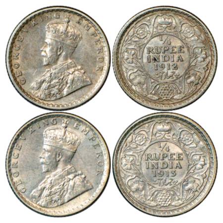 George V, Silver ¼ Rupee (2), 1912 & 1913, Calcutta Mint, PR 441 & 442. (2 Coins) Extremel
