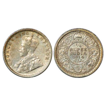 George V, Silver ¼ Rupee, 1914, Calcutta Mint, PR 443. Uncirculated, Very Scarce.