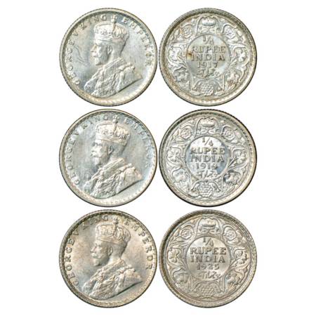 George V, Silver ¼ Rupee (3), 1917 & 1919, Calcutta Mint, PR 446, 448 & 1925, Bombay Mint,