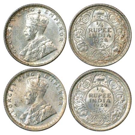 George V, Silver ¼ Rupee (2), 1928, Bombay Mint, PR 459 & 1929, Calcutta Mint, PR 450. (2 