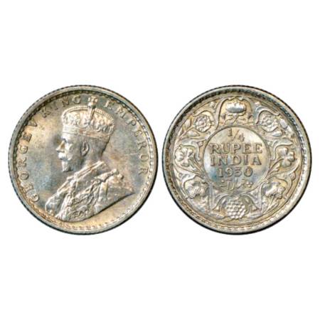 George V, Silver ¼ Rupee, 1930, Calcutta Mint, PR 451. Brilliant Uncirculated, Very Scarce