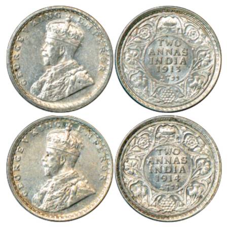 George V, Silver 2 Annas (2), 1913 & 1914, Bombay Mint, PR 572 & 573. (2 Coins) Brilliant 
