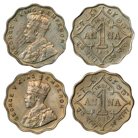 George V, Cupro-Nickel, 1 Annas (2), 1919 & 1936, Bombay Mint. (2 Coins) Uncirculated, Ver