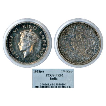 George VI, Silver Quarter Rupee Proof, milled edge, 1938, Calcutta Mint, no dot. Obv: The 