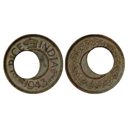 George VI, Copper Pice, Misprint, 1943, Bombay Mint, the hole is not in the center. Extrem