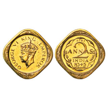 George VI, Nickel-Bronze, 2 Annas, Proof, 5.88g, 1945, Calcutta Mint, S&W 9.130. Re-strike