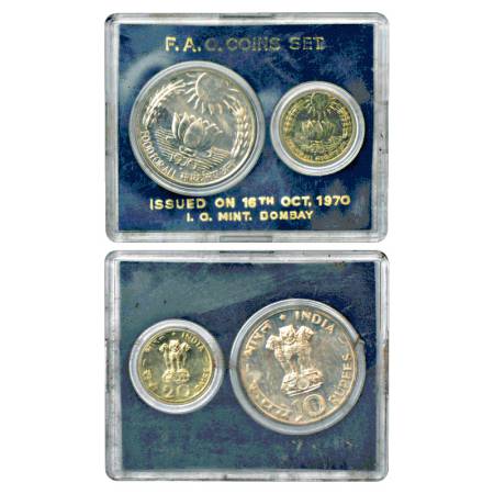 1970, Food For All, UNC set of 2 coins, 10 Rupees and 20 Paisa, Bombay Mint, RB 24. Withou