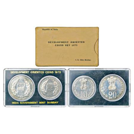1973, Grow More Food, UNC set of 2 Coins, 20 Rupees and 10 Rupees, Bombay Mint, RB 38, in 