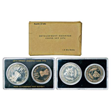 1974, Planned Families, Food For All, UNC set of 2 Coins, 50 Rupees and 10 Rupees, Bombay 