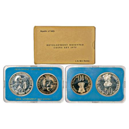 1975, Equality Development and Peace, UNC set of 2 coins, 50 Rupees and 10 Rupees, Bombay 