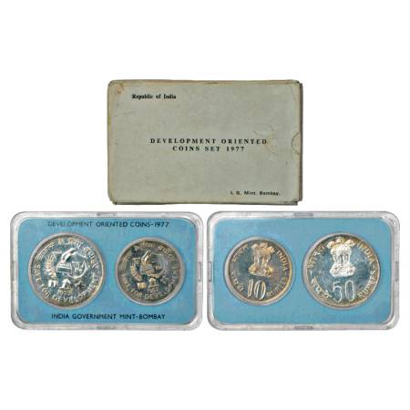 1977, Save For Development, UNC set of 2 Coins, 50 Rupees and 10 Rupees, Bombay Mint, RB 6