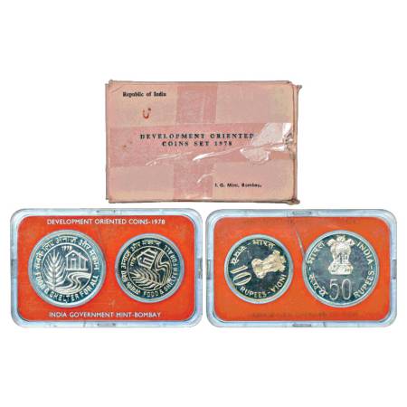 1978, Food and Shelter for All, UNC set of 2 coins, 50 Rupees and 10 Rupees, Bombay Mint, 