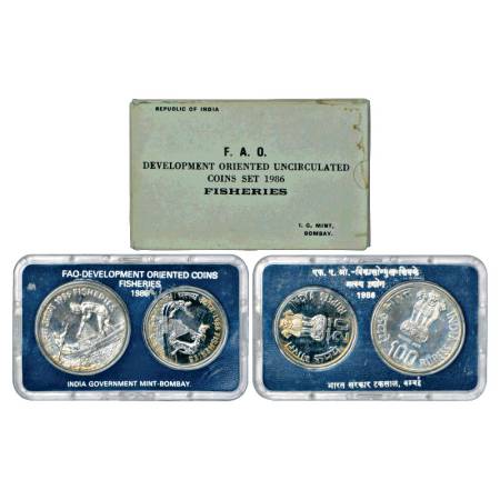 1986, Fisheries, UNC set of 2 Coins, 100 Rupees and 20 Rupees, Bombay Mint, RB 125, in ori