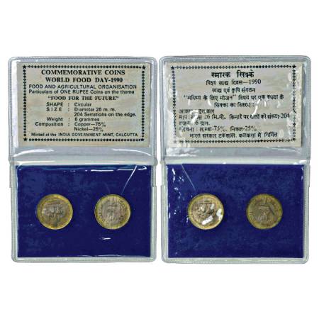 1990, Food for the Future, UNC Collectors Pack of 2 coins, 1 Rupee, Calcutta Mint, RB 142.