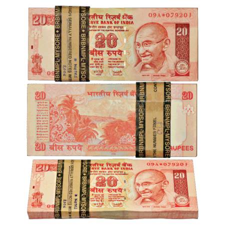 Republic of India, Star Series, full packet of 100 Notes of 20 Rupees, signed by Y.V. Redd