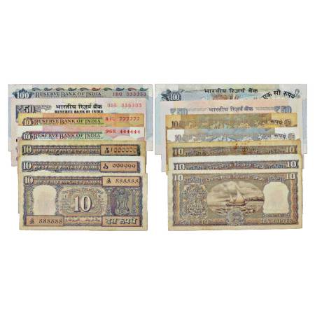 Republic of India, 10, 50 and 100 Rupees, fancy number note (7), various Governor and seri