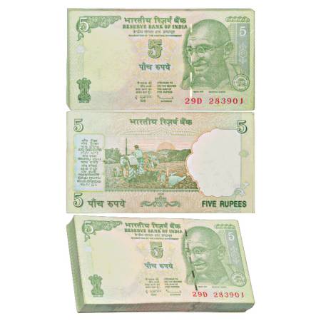 Republic of India, 5 Rupees, Misprint bundle (100 Notes), signed by D. Subbarao, 2009, Ser