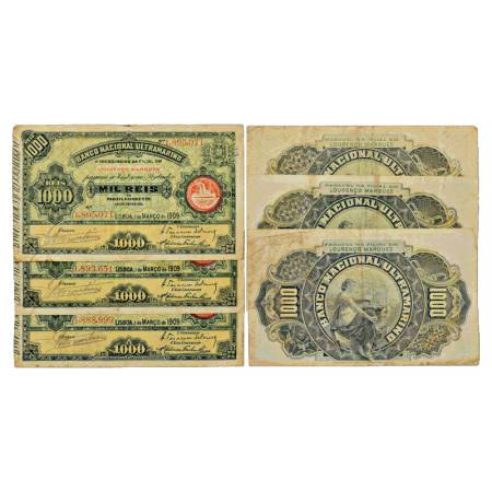 Mozambique, 1000 Reis (3), dated 1st March 1909, Serial Nos.: L 888999, L 895071 and L 893