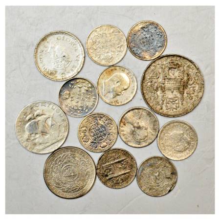 A group of 13 Silver Coins, includes State, British India, Portuguese India and Foreign, v